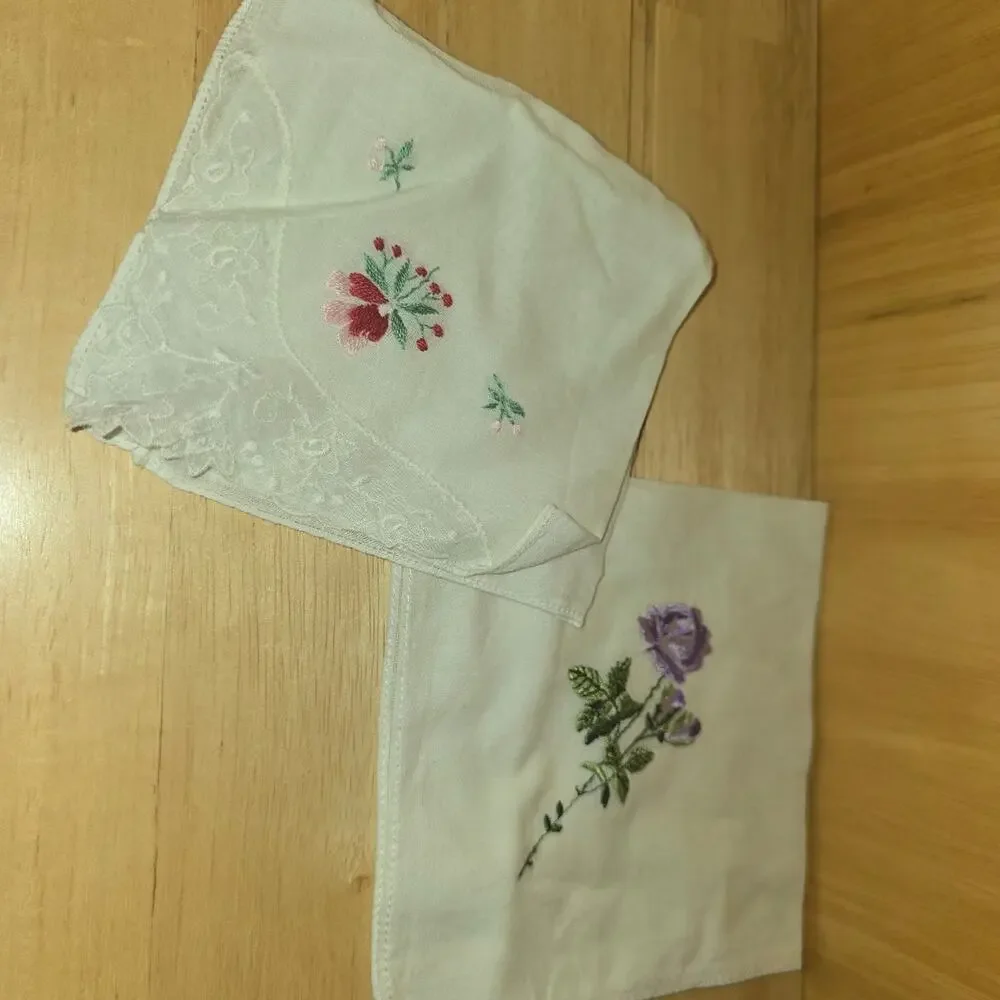 Collectible Ladies Hanker Chief Set 2 Floral Embroidery Purples